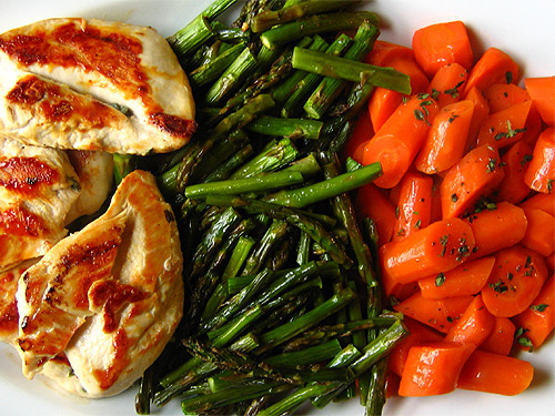 Chicken Breasts with Mustard Vinaigrette, Roasted Asparagus, and Carrots